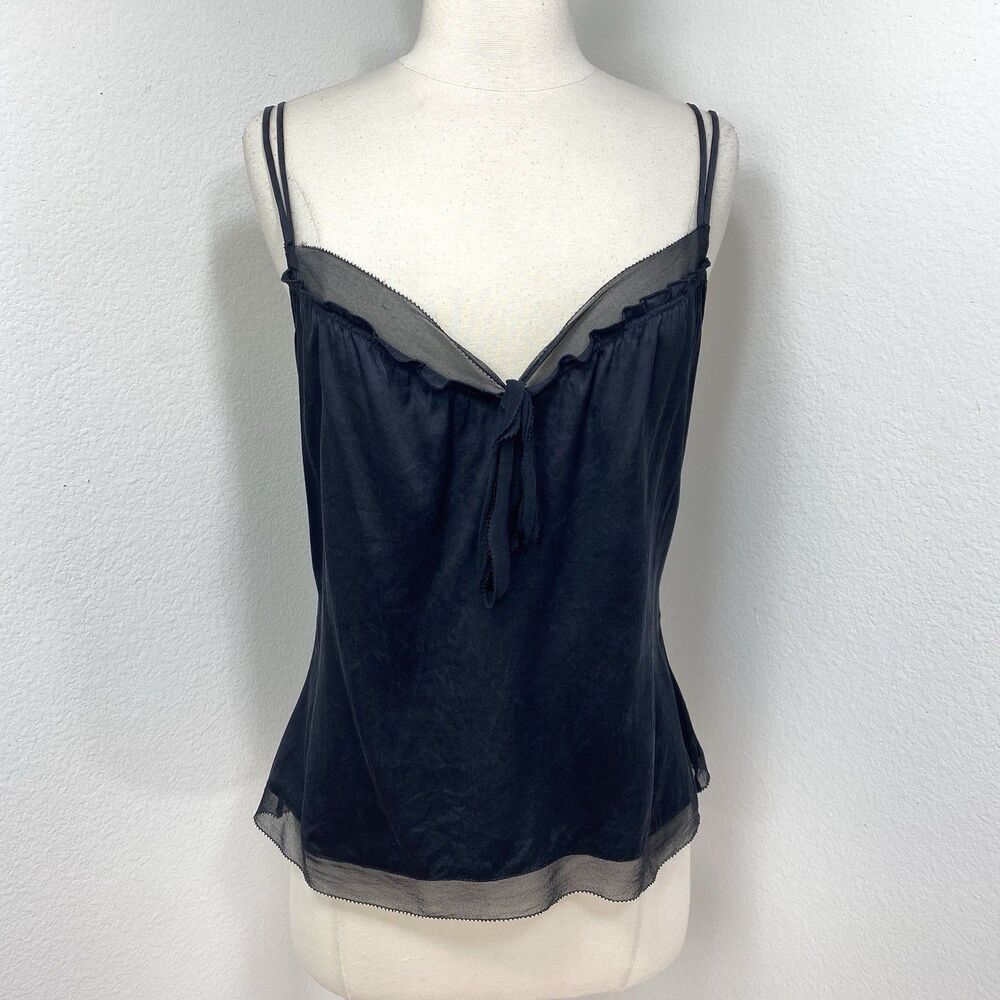 Elie Tahari Black Silk Tank Top Large Adjustable Straps Chiffon Trim Coquette